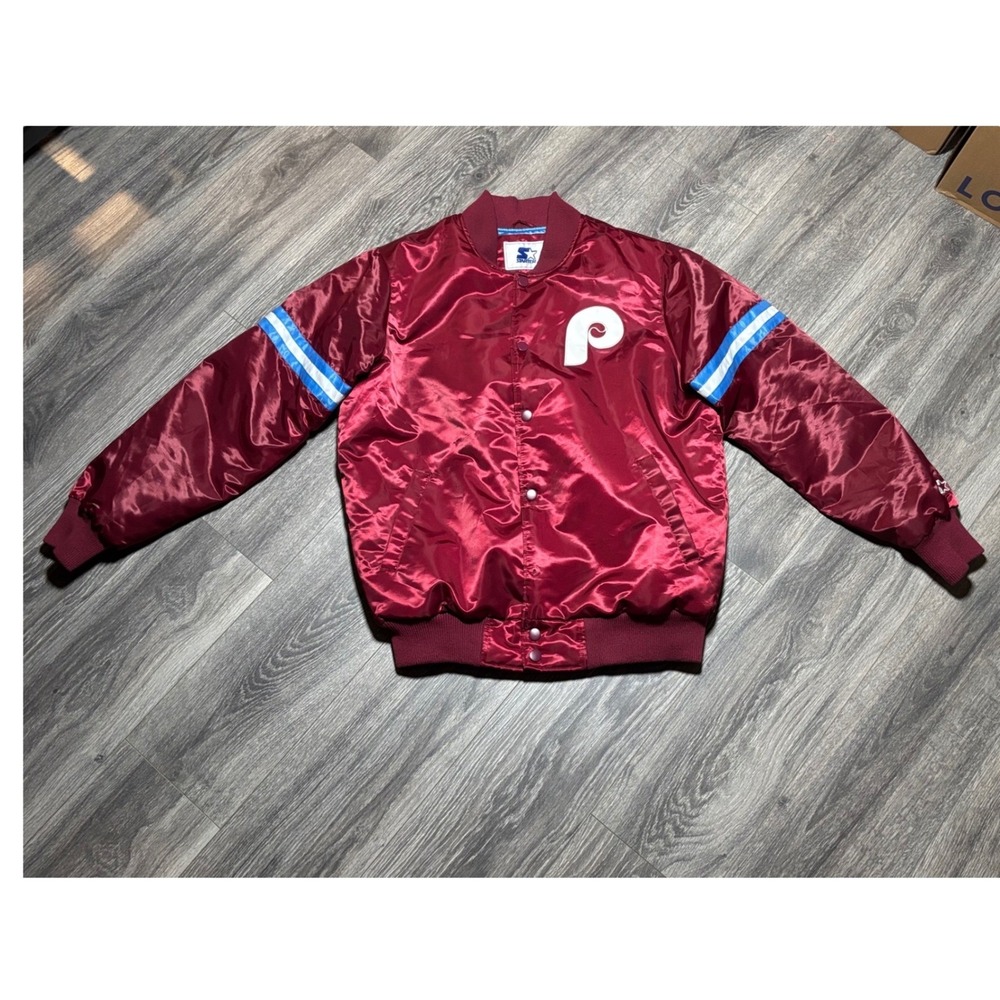 Vintage Starter Philadelphia Phillies Satin Bomber Jacket Maroon Mens Large